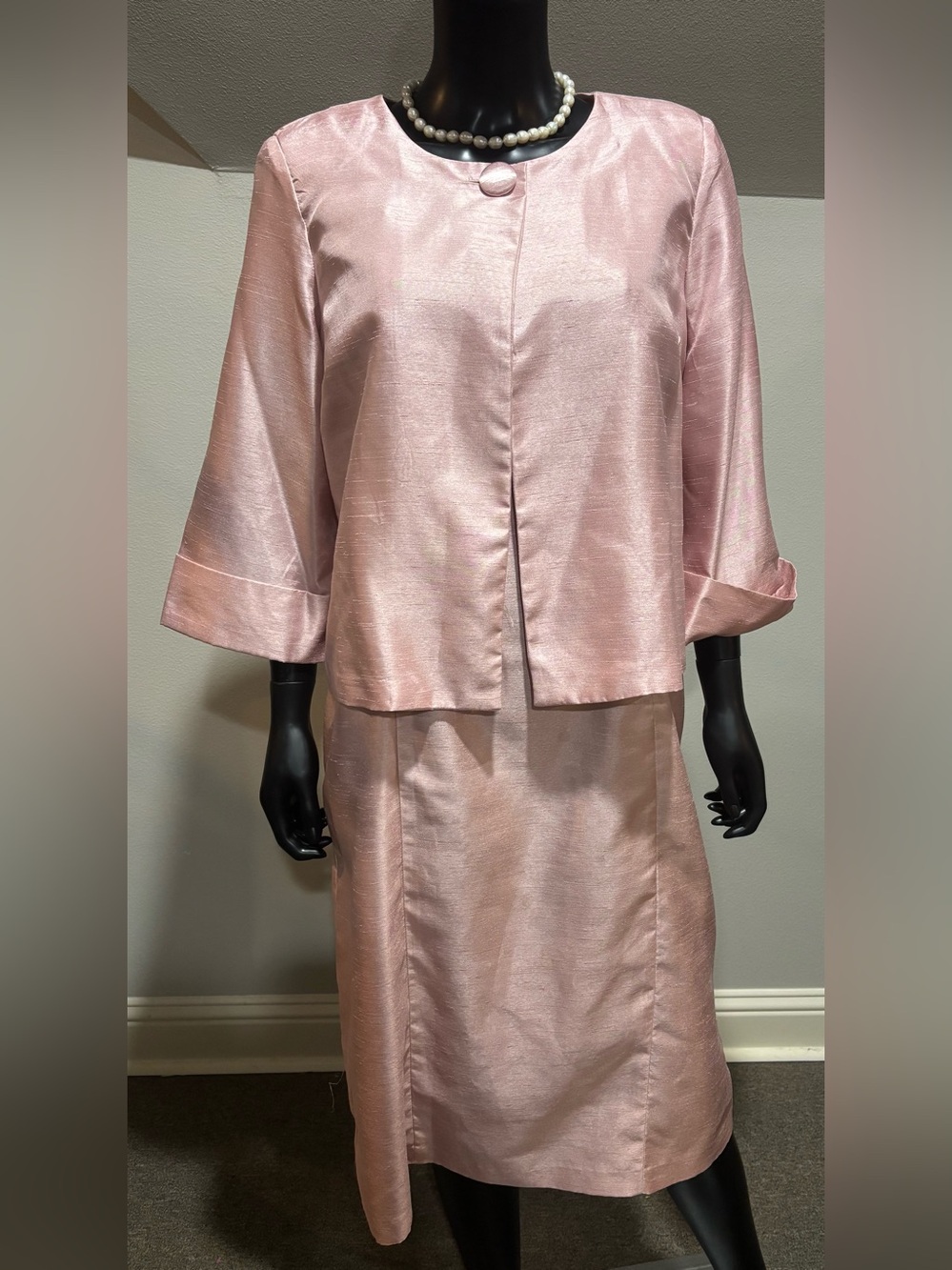 Pretty Pink Silk Look Jacket Dress short sleeves back zip Sz 14